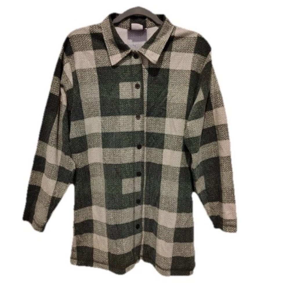 Vtg Plaid Button Up Shirt Women L Green Cream Oversized Grunge Punk Y2K